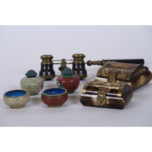 5 - Two miniature cloisonné two piece cruets, two dome topped bone trinket boxes, and a pair of brass ca... 