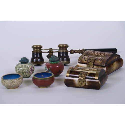 5 - Two miniature cloisonné two piece cruets, two dome topped bone trinket boxes, and a pair of brass ca... 