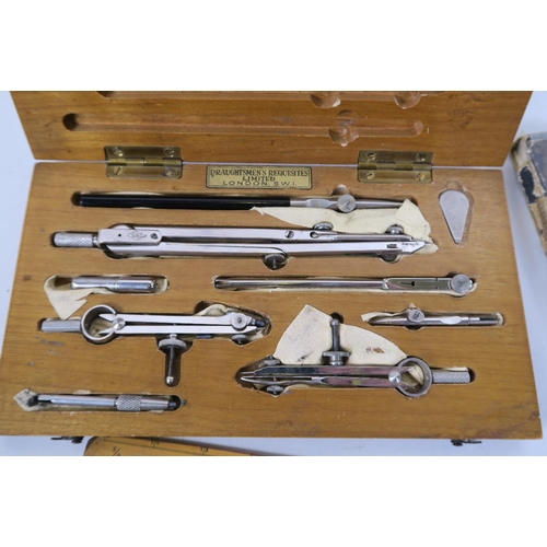 50L - A cased drawing set by 'Draughtsmans Requisites Ltd, London', two sets of cardboard scales, and vari... 