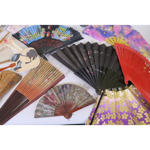 5 - A C19th bone and painted feather fan, together with a collection of Oriental bone, bamboo and paper ... 