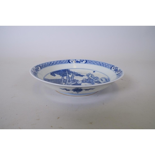 9 - A Chinese blue and white porcelain dish decorated with figures taking tea, 6 character mark to base,... 