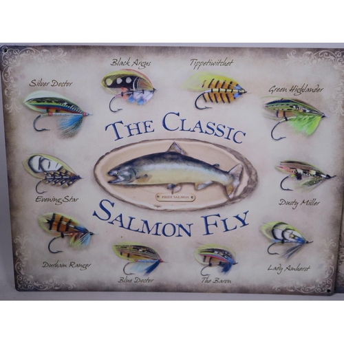 1 - A pair of decorative metal advertising signs for fishing flies 'The Classic Salmon Fly' and 'The Cla... 