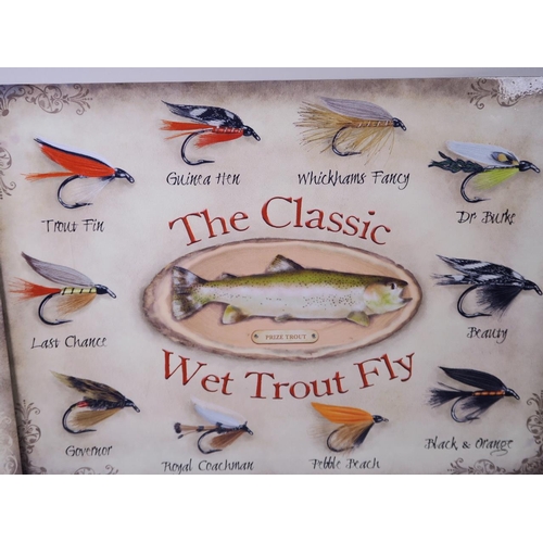 1 - A pair of decorative metal advertising signs for fishing flies 'The Classic Salmon Fly' and 'The Cla... 