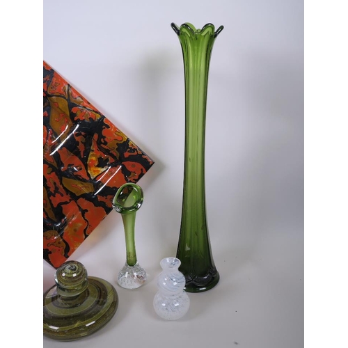 14 - A collection of assorted art glass to include spill vases, decanter, candlestick etc, the largest 18... 