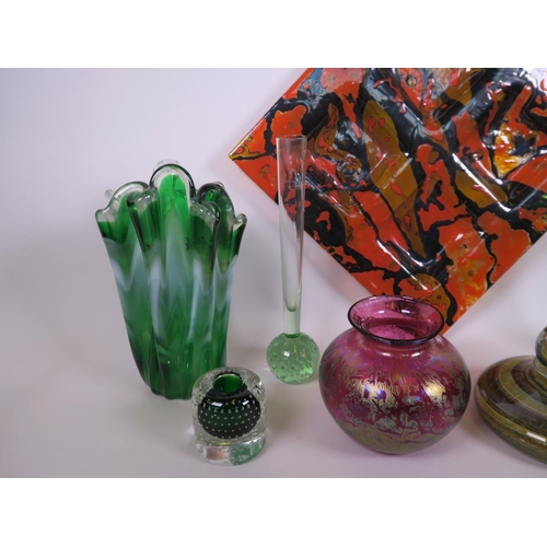 14 - A collection of assorted art glass to include spill vases, decanter, candlestick etc, the largest 18... 