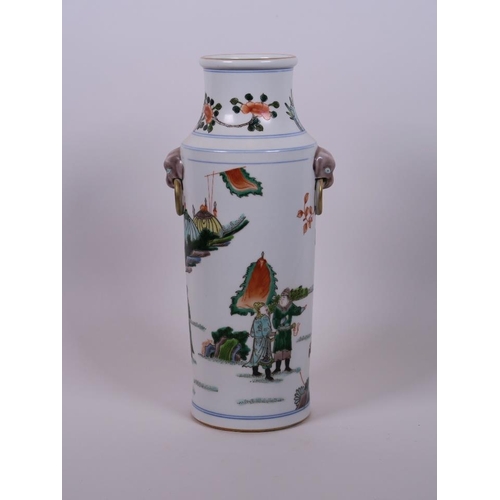 15 - A Chinese famille verte porcelain vase with mask handles and enamel decoration of warriors, six char... 