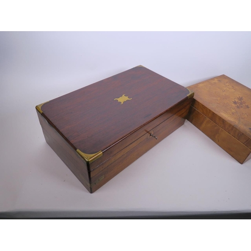 26 - A brass bound rosewood writing slope, together with an inlaid walnut box, largest 9½