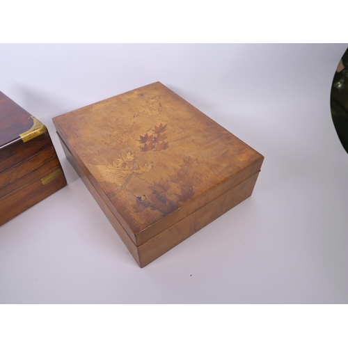 26 - A brass bound rosewood writing slope, together with an inlaid walnut box, largest 9½