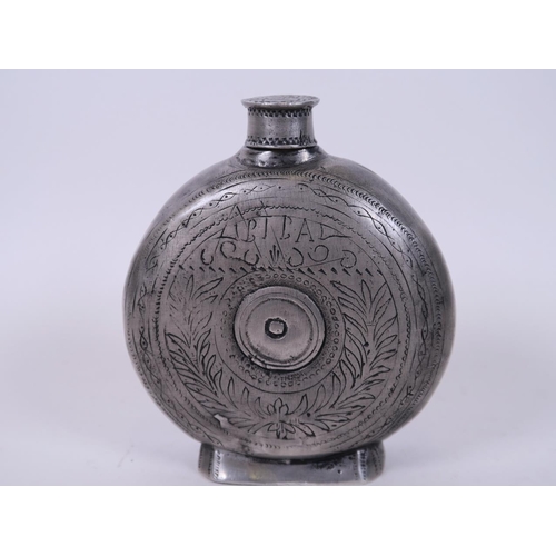 32 - An antique style Pewter flask with engraved decoration, engraved and dated 1895