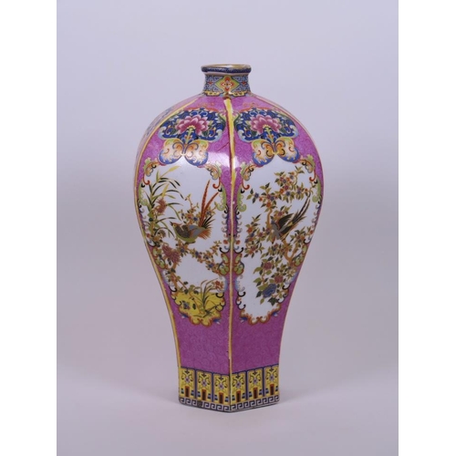 5 - A Chinese polychrome porcelain hexagonal vase with transfer printed decoration of Asiatic birds, fou... 