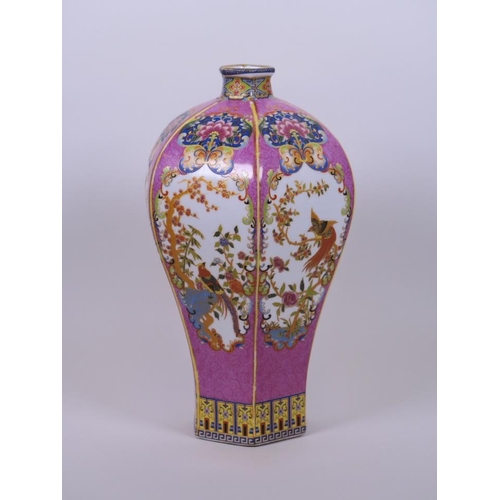 5 - A Chinese polychrome porcelain hexagonal vase with transfer printed decoration of Asiatic birds, fou... 