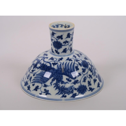 53 - A Chinese blue and white porcelain stem bowl with phoenix decoration, six character mark to base, 5½... 