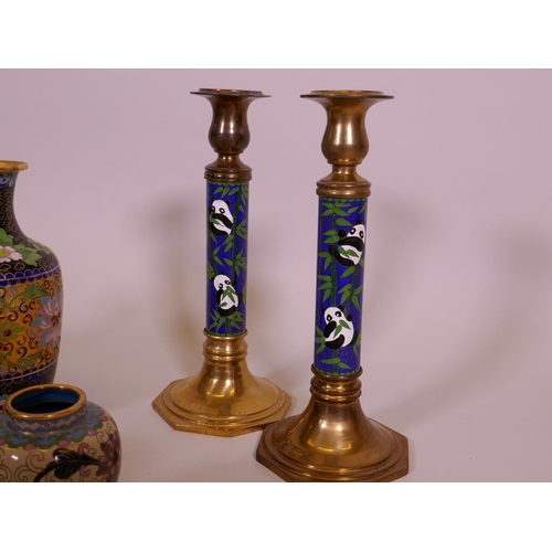 69 - A pair of cloisonne vases with lotus decoration, 4