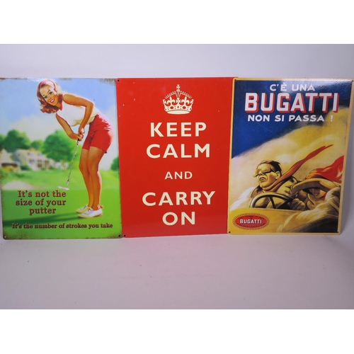 74 - Three decorative replica tin signs for 'Bugatti cars', 'Keep Calm' and 'Novelty Golf'