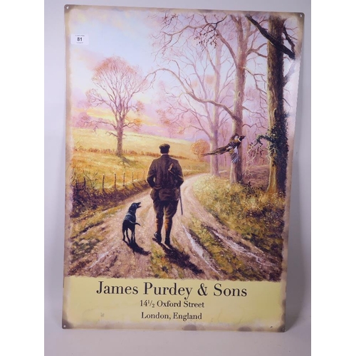 81 - A replica metal advertising sign for James Purdy and Sons, Gunsmith, 20