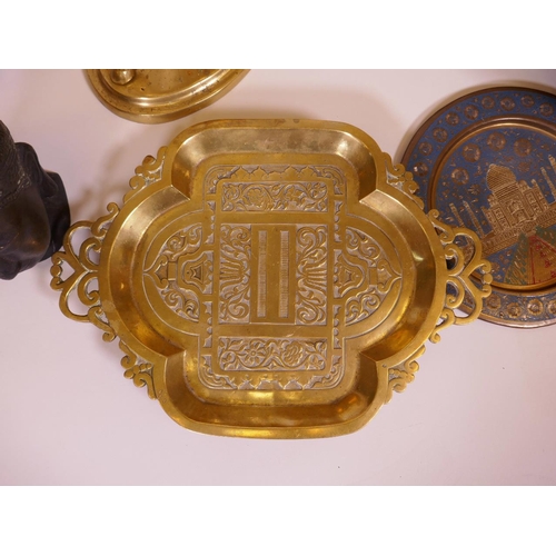 87 - A quantity of brass, including a figure of a bull, a horse, Oriental and Eastern trays etc