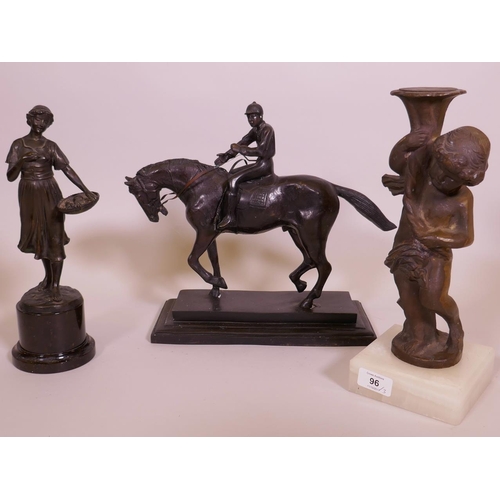 96 - A bronzed spelter figure of a harvester, on a marble base, 11½