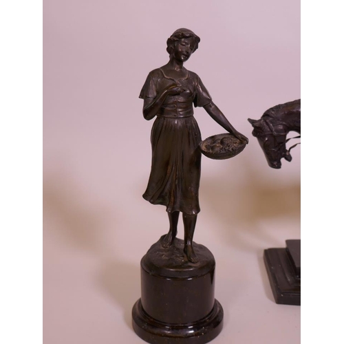 96 - A bronzed spelter figure of a harvester, on a marble base, 11½