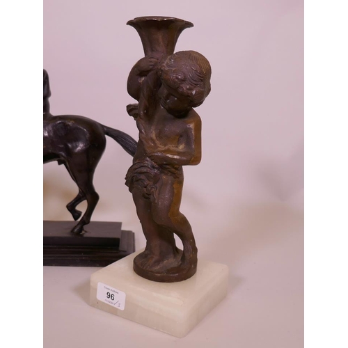 96 - A bronzed spelter figure of a harvester, on a marble base, 11½