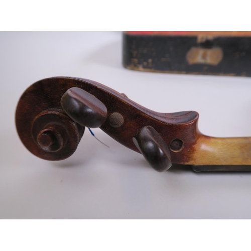 97 - A C19th violin with one piece back together with bow in a fitted case