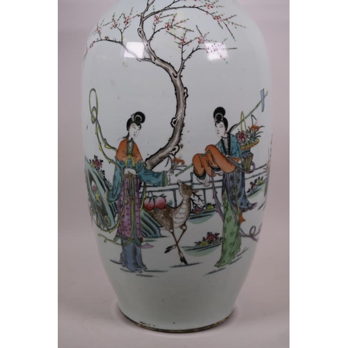 12 - A large late C19th/C20th Chinese polychrome porcelain vase with gilt handles, decorated with women a... 