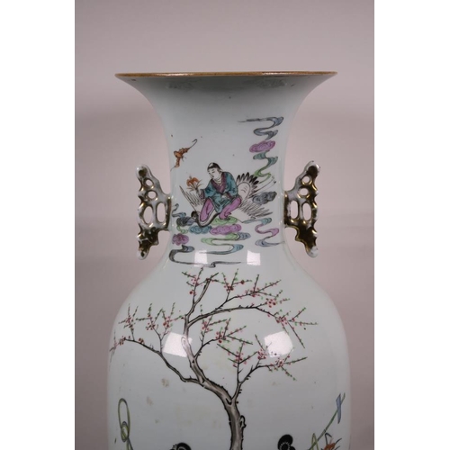 12 - A large late C19th/C20th Chinese polychrome porcelain vase with gilt handles, decorated with women a... 