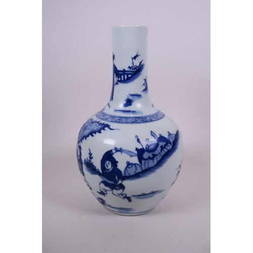 24 - A Chinese blue and white porcelain bottle vase decorated with warriors on horseback, 6 character mar... 