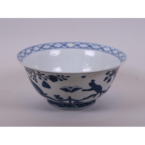 58 - A Chinese blue and white porcelain rice bowl decorated with animals in a landscape, 6 character mark... 