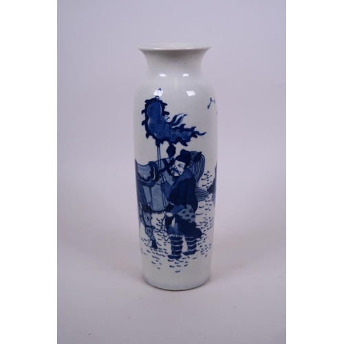 9 - A Chinese blue and white porcelain cylinder vase decorated with a knight and his squire, inscription... 