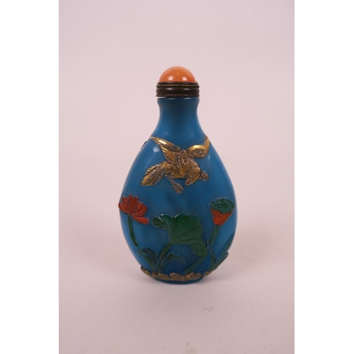 44 - A Chinese Peking glass snuff bottle, with carved gilt and enamel decoration of birds and flowers, 2 ... 