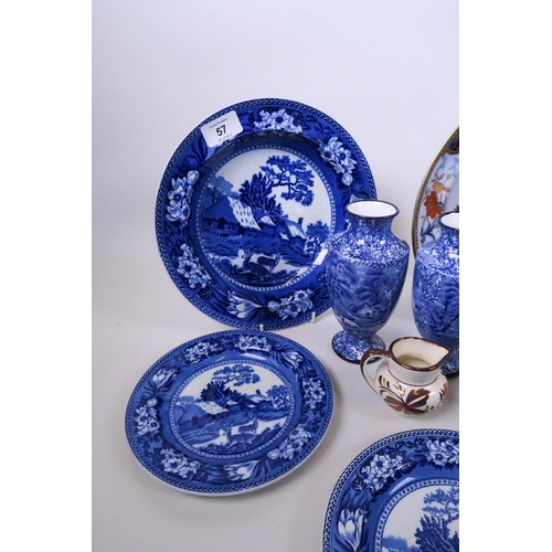 57 - A quantity of blue and white plates, a Woods pot and cover, a pair of Fenton vases, a pair of Dresde... 