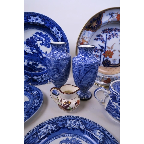 57 - A quantity of blue and white plates, a Woods pot and cover, a pair of Fenton vases, a pair of Dresde... 