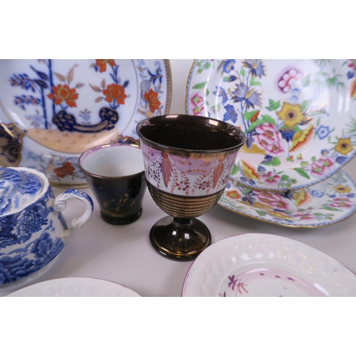 57 - A quantity of blue and white plates, a Woods pot and cover, a pair of Fenton vases, a pair of Dresde... 