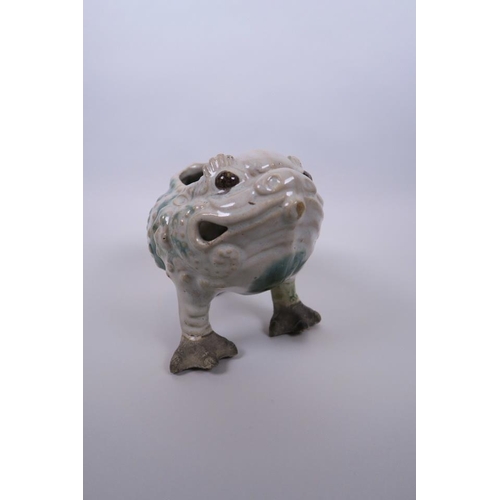 18 - An unusual Chinese pottery censer in the form of a three legged toad (Chan Chu), A/F, damage to legs... 