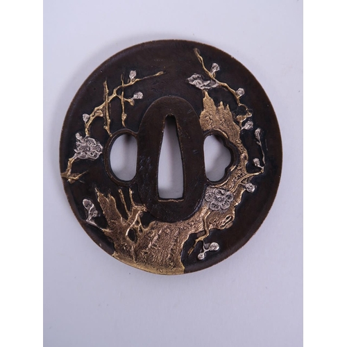 1 - A Japanese bronze tsuba with raised cherry tree decoration, 3