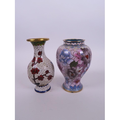 4 - An Oriental cloisonné vase with peony decoration, together with another, 5