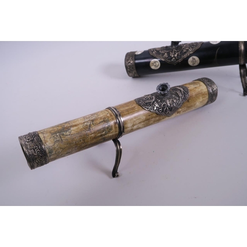 9 - A Chinese sectional bone and composition opium pipe with white metal mounts and engraved decoration ... 