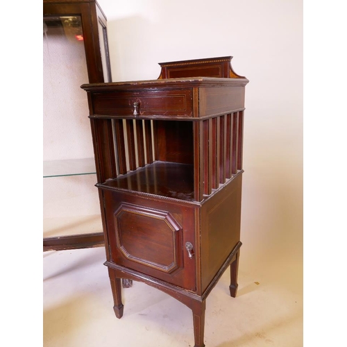 1208 - An inlaid mahogany painted cupboard, with single drawer and galleried undertier, marked Morris and C... 