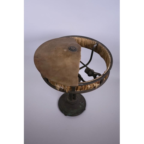 37 - An Art Nouveau bronze, four column lamp, with alabaster shade A/F, 18