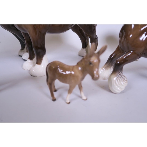 42 - A collection of Beswick animals to include two large shire horses, a smaller shire horse, a canterin... 