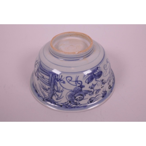 20 - A Chinese blue and white porcelain rice bowl decorated with figures flying kites, 5½