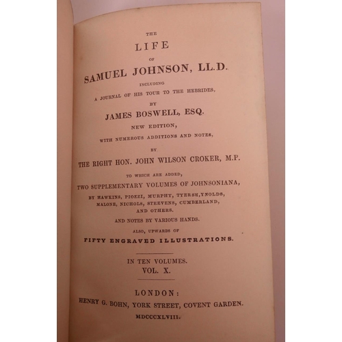 36 - Nine volumes, 9/10, The Life of Samuel Johnson by James Boswell published in London by Henry G Bohn,... 