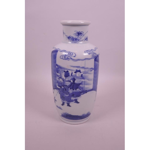 48 - A Chinese blue and white porcelain vase decorated with warriors in a garden, 6 character mark to bas... 