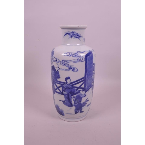 48 - A Chinese blue and white porcelain vase decorated with warriors in a garden, 6 character mark to bas... 