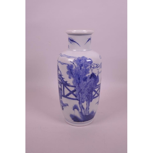 48 - A Chinese blue and white porcelain vase decorated with warriors in a garden, 6 character mark to bas... 