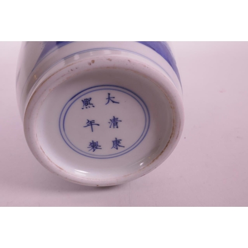 48 - A Chinese blue and white porcelain vase decorated with warriors in a garden, 6 character mark to bas... 