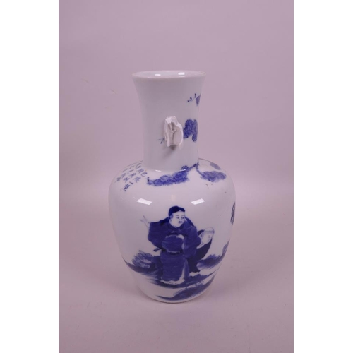 8 - A Chinese blue and white porcelain vase with twin lug handles decorated with figures in a garden, ch... 