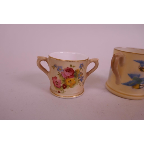 32 - A miniature Royal Worcester blush porcelain tyg, together with two other miniature Royal Worcester c... 