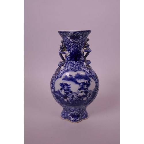 38 - A Chinese blue and white porcelain vase with two dragon handles and decorative panels depicting warr... 