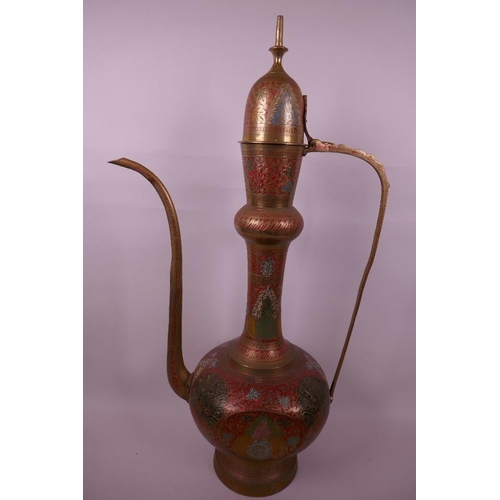 59 - A large Benares ware brass coffee pot decorated in bright enamels, 24½